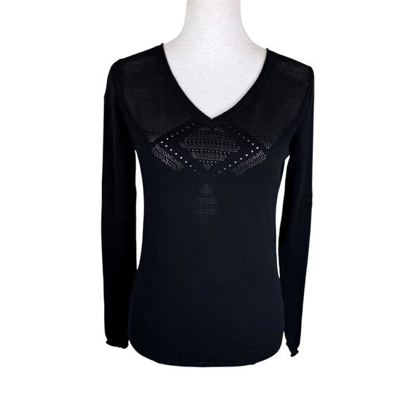 Worth Sweaters - Worth New York Black Long Sleeve 100% Cotton Open Knit Cut Out V-Neck Sweater